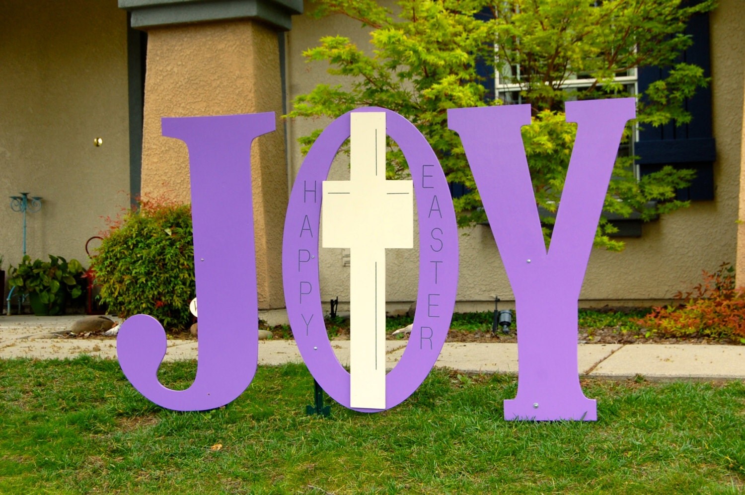 Happy Easter Large Joy Sign with Cross Engraved Yard Art Wood