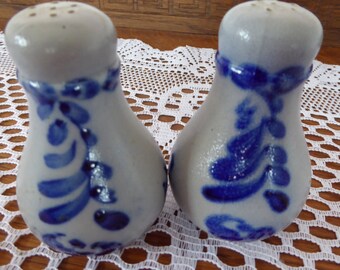 SALT GLAZED Salt and Pepper Shakers Cobalt Blue and Grey 3 1/2"