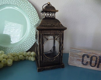 Ornate Intricate Metal Lantern ~ Oiled Rubbed Bronze ~ Tea-Light Candle Holder ~ Wedding Centerpiece Elegant Decor