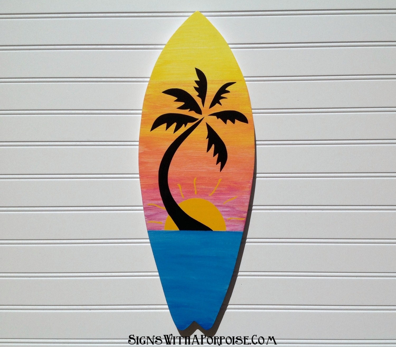 Hand Painted Tropical Sunset Surfboard Wood Sign Wall Art