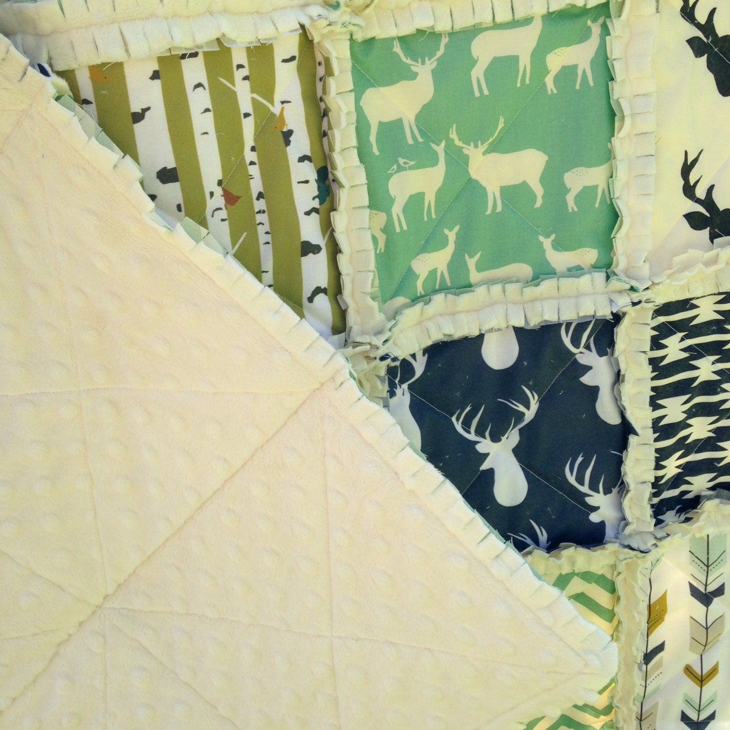 Baby Quilt Deer Elk Arrows Mint Navy Crib Rag Quilt Antlers