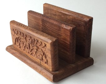 Hand Carved Exotic Sheesham Wood Letter Mail Organizer Floral Design 2 Slots Thick wood