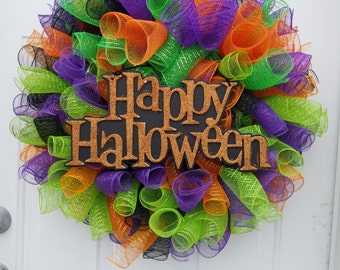 Halloween Wreath, Black, Green, Purple, and Orange Decomesh