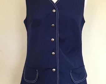 Vintage Navy Blue Koret of California Koratron Vest with Silver Buttons, Front Faux Pockets, Contrast Stitching