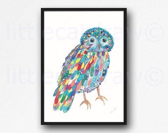 Owl Print Happy Bird Print Colorful Owl Bird Watercolor Painting Art Print Art Print Watercolour Wall Art Nursery Decor Bedroom Wall Decor
