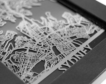 Sydney Australia Stainless Steel Laser Cut Map - 5x7" Framed | Metal Wall Art