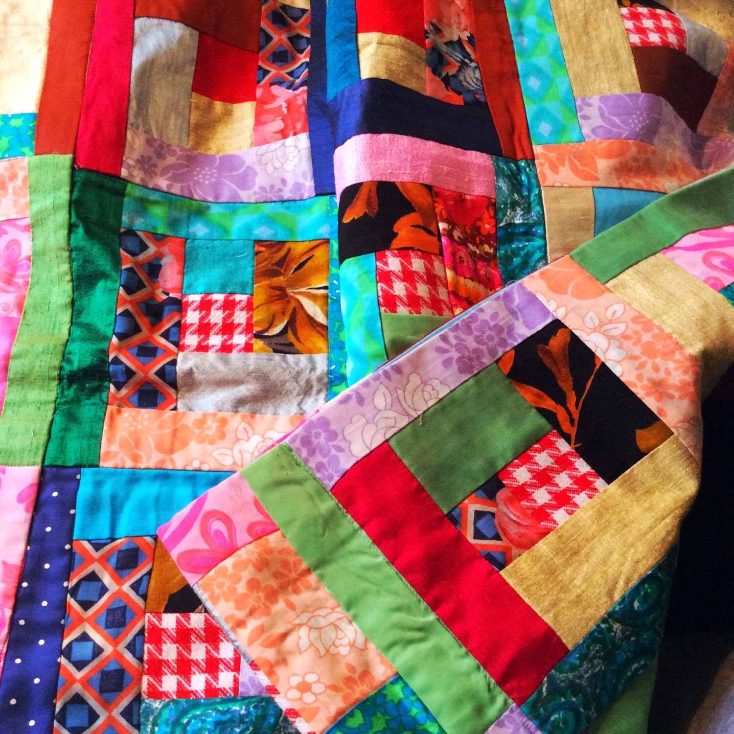 Swedish vintage quilt retro fabrics handmade blanket. Vintage