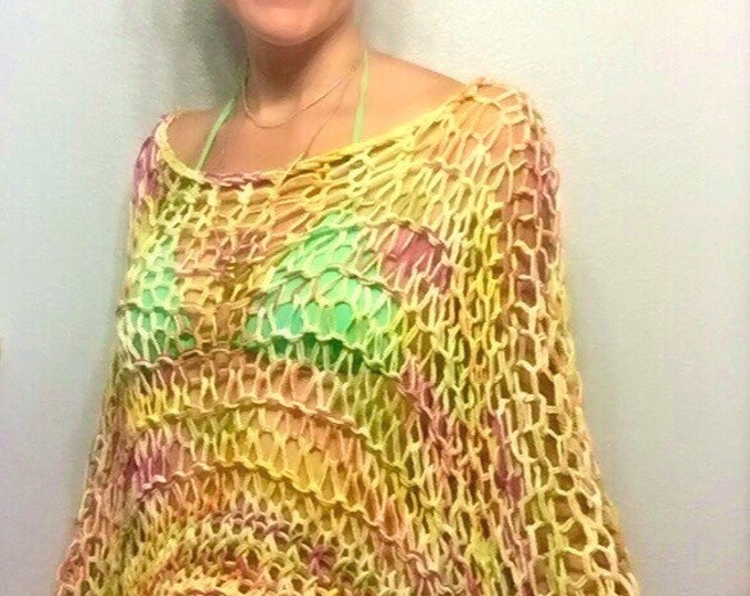 Sorbet Tie Dye Inspired Loose Knit Off Shoulder Summer Poncho Sweater and Beach Cover in 100% Cotton
