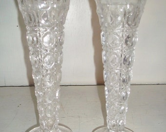 2 Art Glass English Button pattern Bud Vases / Candle Holders