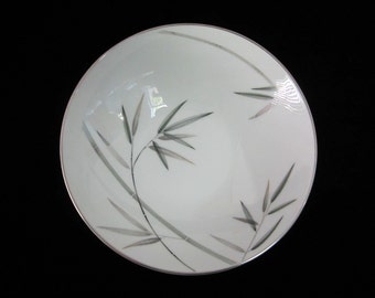 Noritake Bambina 9" Serving Bowl Vintage Round Vegetable Dish Green and Gray Bamboo Motif Platinum Trim Midcentury Japanese China 1956-1968