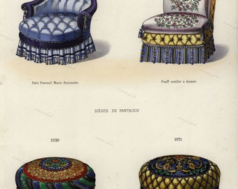 19th Century Original Antique Hand Colored Engraving - Furniture engraving decorative art art decor Chairs Meubles et Objets