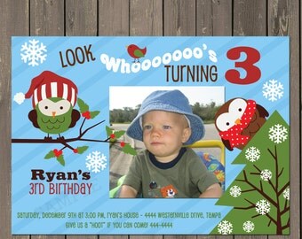 Owl Birthday Invitation, Winter Owl 1st Birthday Invitation, Boys Snowflake Birthday Invite, Printable or Printed
