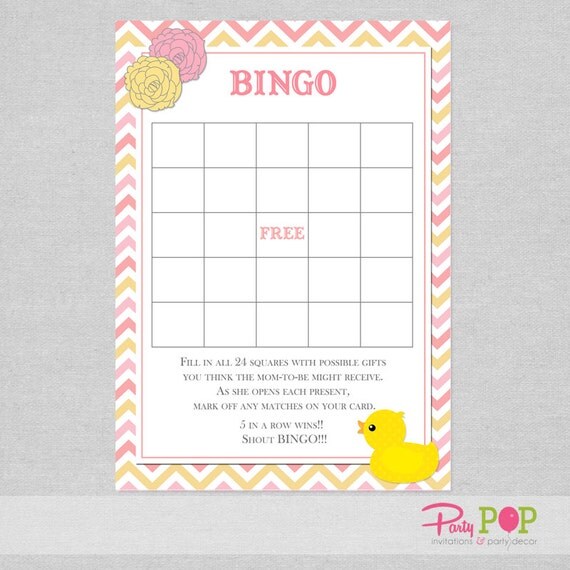 Girl Rubber Duck Baby Shower Bingo Game, Duck Printable Bingo, Pink and Yellow Chevron, Instant Downlaod Il_570xn