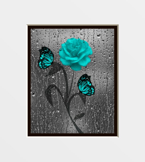 Teal Gray Rose/Butterfly Decorative Bathroom by LittlePiePhotoArt