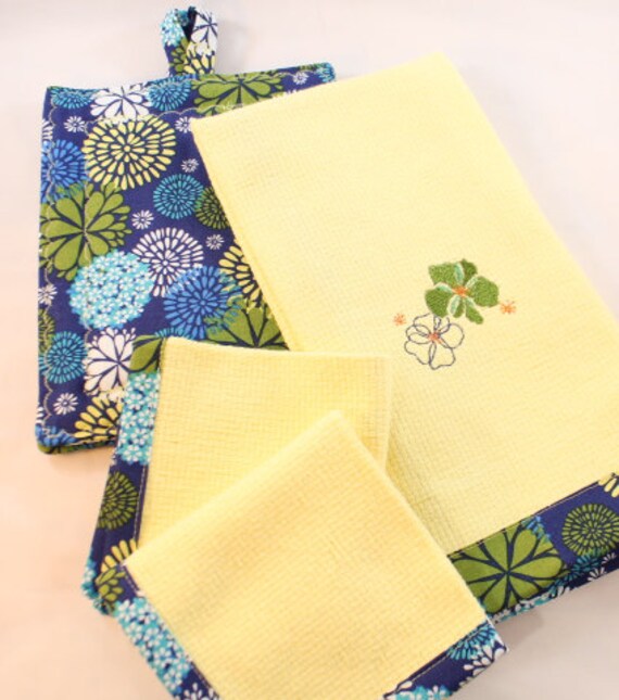 Kitchen Towel Set Yellow with Blue Floral by NorthernNotionsGifts