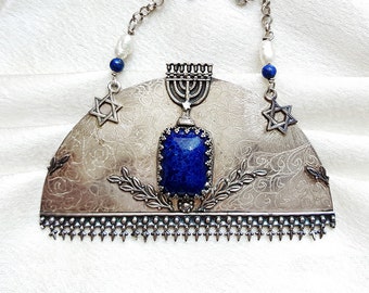 Jewish Wedding Necklace. Torah Symbols. Vintage Jewish Jewelry In Handmade. Antique Judaica Jewelry. Sterling Silver & Lapis. FREE SHIPPING!