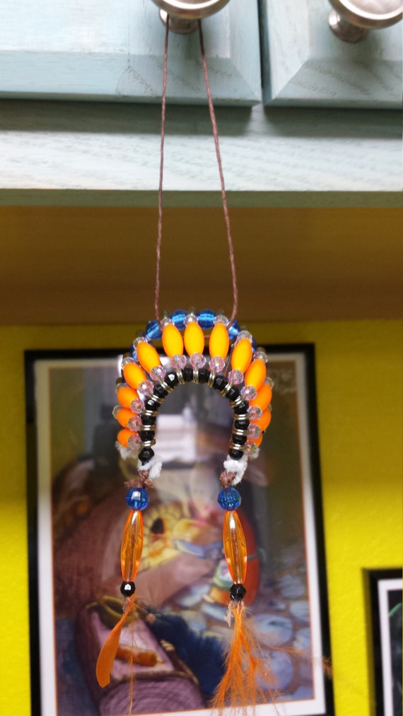 Small Orange and Blue Beaded Indian Headdress Safety pins