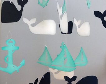 Handmade Whale Mobile, Sailboat, Anchor, Nautical Nursery, Sail Boat, Whale Baby, Baby Shower, Nursery