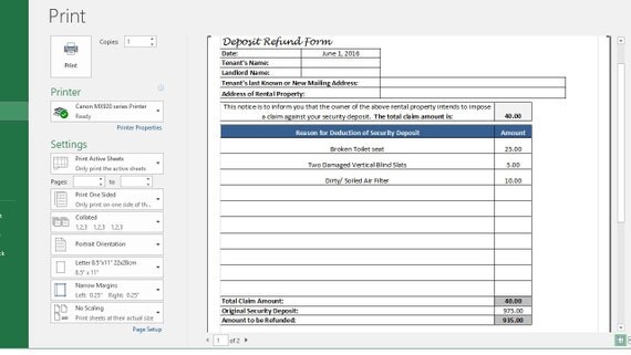 Rental Deposit Tracking Form Landlord Tenant Security