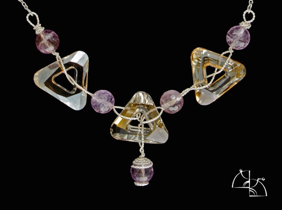Crystal geometry. Shiny jewelry set, triangle earrings, modern design amethyst necklace with Swarovski crystals. Gift