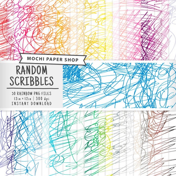 Scribble Printables Digital Paper 50 Rainbow Colors Doodle