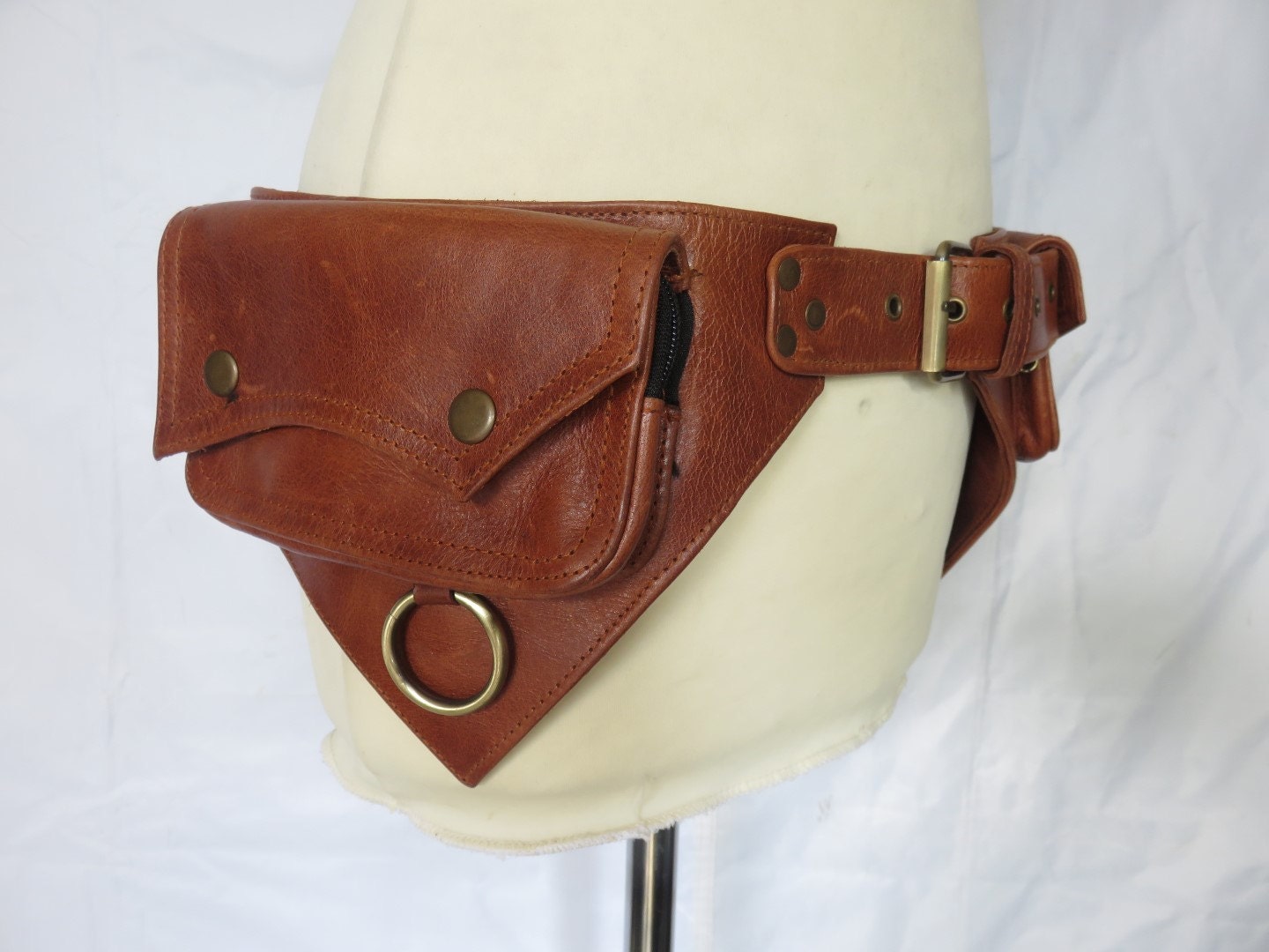 Leather Utility belt psytrance style in brown leather Ring