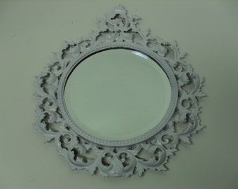 Round Wall Mirror Ornate Cast Iron Framed Shabby White