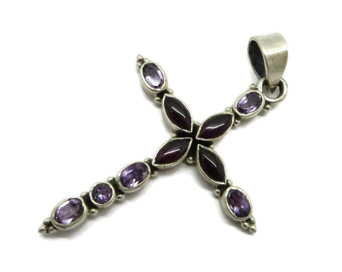 ON SALE! Vintage Amethyst and Garnet Sterling Silver Cross Pendant Necklace