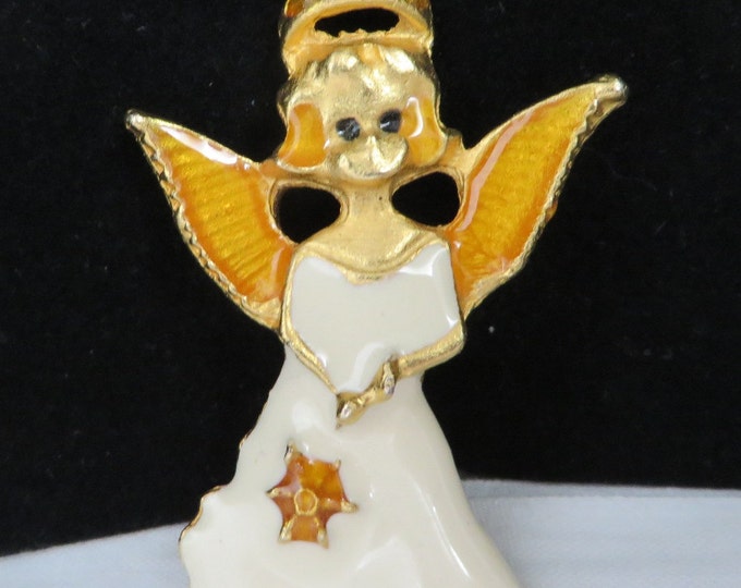 Vintage Angel Brooch, Christmas Pin, Cream Enamel, Gold Tone Angel Jewelry