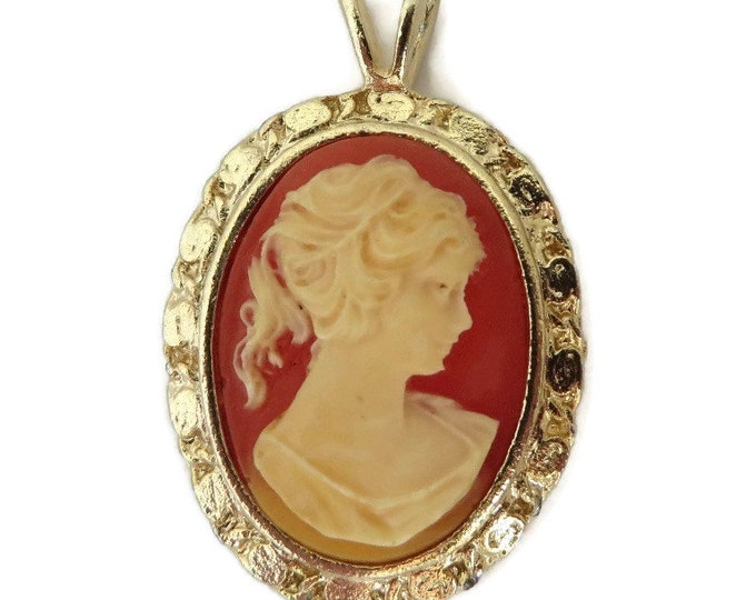 Cameo Pendant Necklace - Vintage Cream & Coral Orange Pendant, Gold Tone Necklace