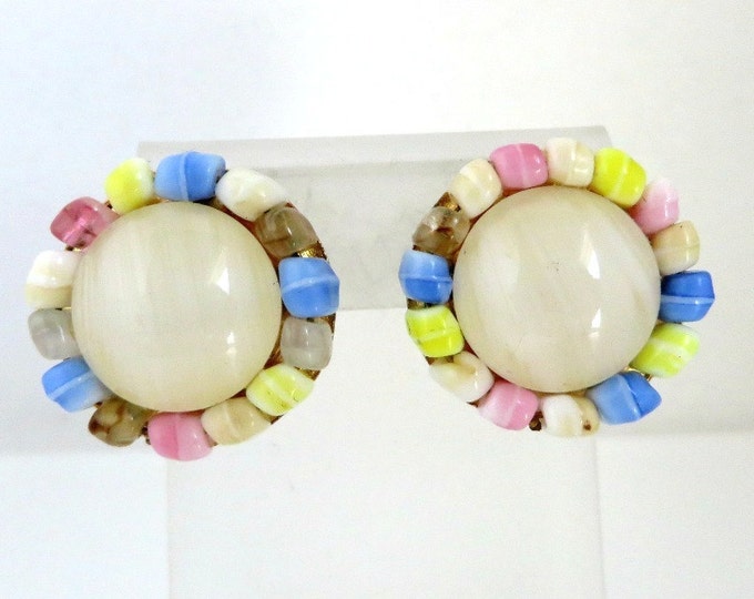 Trifari Pastel Button Earrings, Cream Pink Blue Brown Yellow Glass Vintage Clip-on Earrings, Birthday Gift, Christmas Gift
