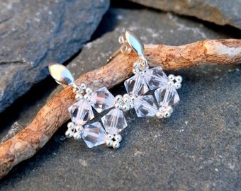 Small Swarovski Crystal Earrings-Sterling Silver Stud Earrings-Square Earrings-Wedding Crystal Evening Earrings-Classic Delicate Earrings