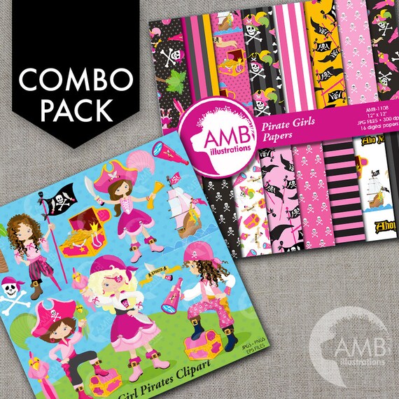 COMBO Girl Pirate Clipart and Digital Papers, Pirates clipart, Pirates Birthday Party invitations, Commercial Use, AMB-1644 Il_570xn