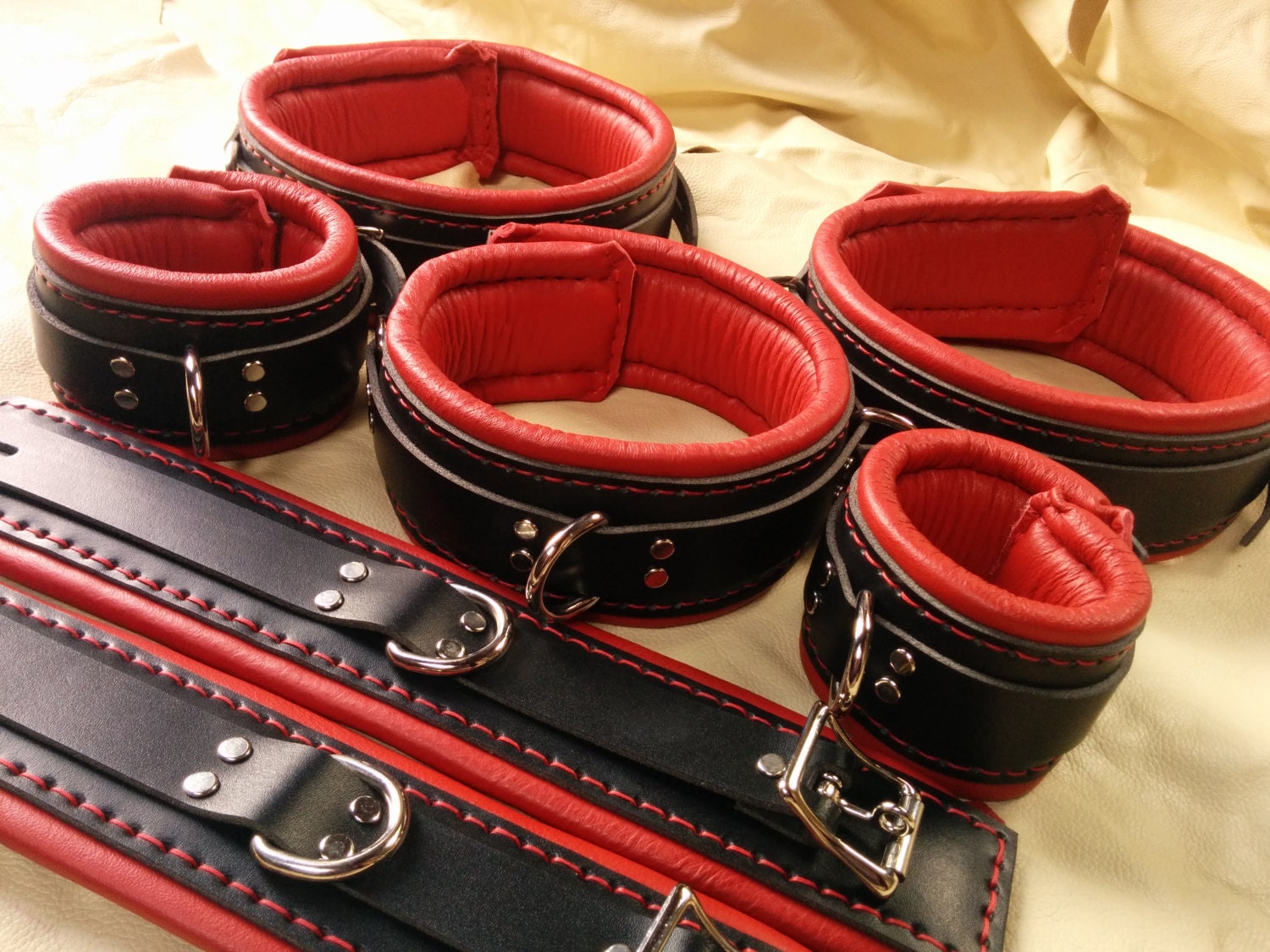 Red And Black Bondage Cuffs Restraints Wrist Ankle And Thigh