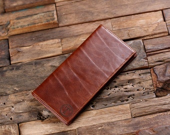 Bi-fold Breast Long Wallet Personalized Monogrammed Engraved Leather with Wood Gift Box Men or Women Wallet Checkbook Cover