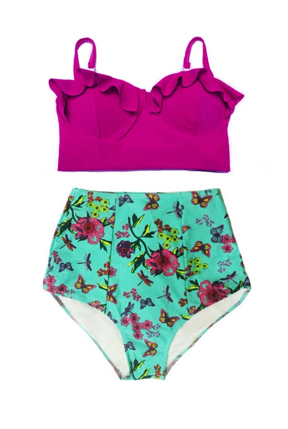 Purple Maroon Plum Midkini Top and Mint Flora Graphic High