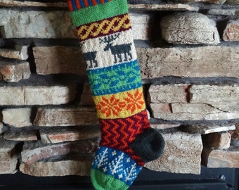 Christmas Stocking, Personalized Knit Christmas Stocking, Knit Custom Christmas Stocking, Fair Isle, Gray Moose, Blue Trees, Fuchsia Chevron