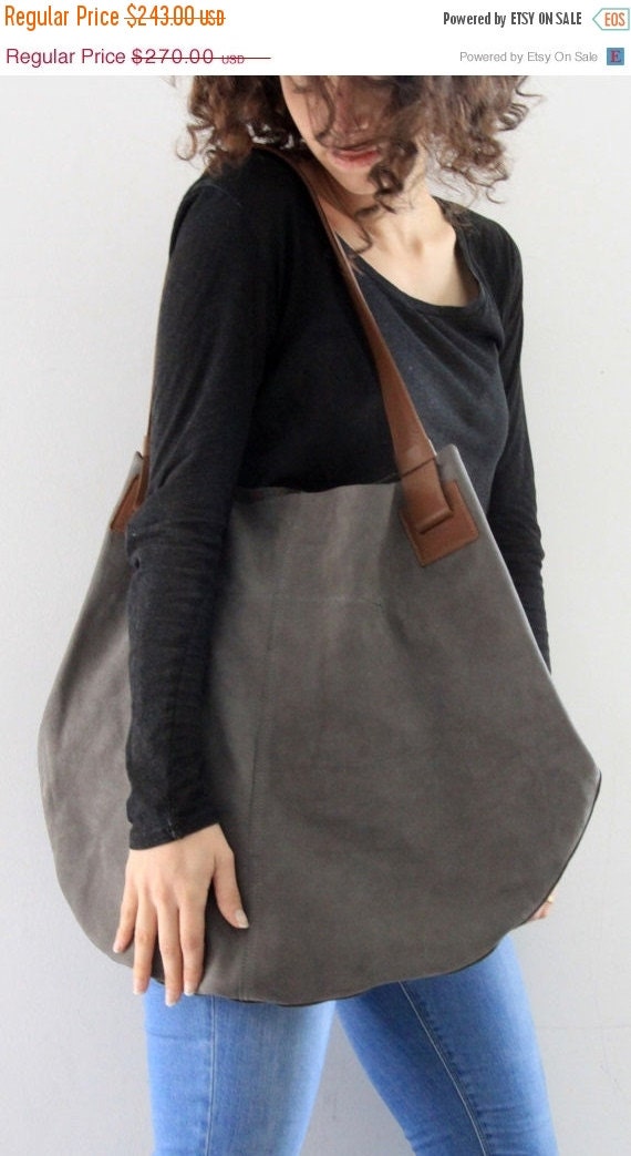 Grey Leather Tote Bag Soft Leather Bag Tote Bag by LadyBirdesign