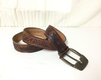 Tooled Leather Belt, Large Buckle, 36",brown,leather belt
