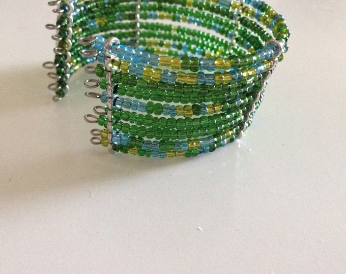 clearance! green and blue glass beaded cuff bracelet