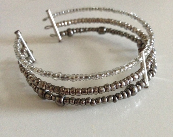 CLEARANCE! grey and silver glass beaded cuff bracelet