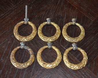Antique Set of 6 French Ring Drawer Pulls Gilt Bronze Ormolu Furniture Hardware