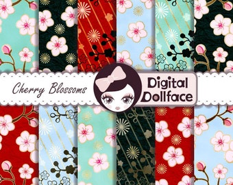 Japanese Digital Paper, "Cherry Blossom" Digital Paper, Art Printables (Pattern Design) Scrapbook Paper