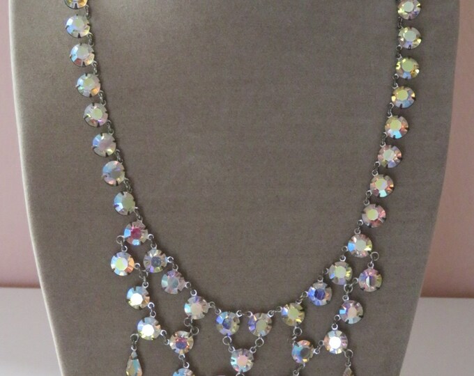 Vintage Bib Necklace AB Crystals Open Back Bezel Set Czechoslovakia 50's