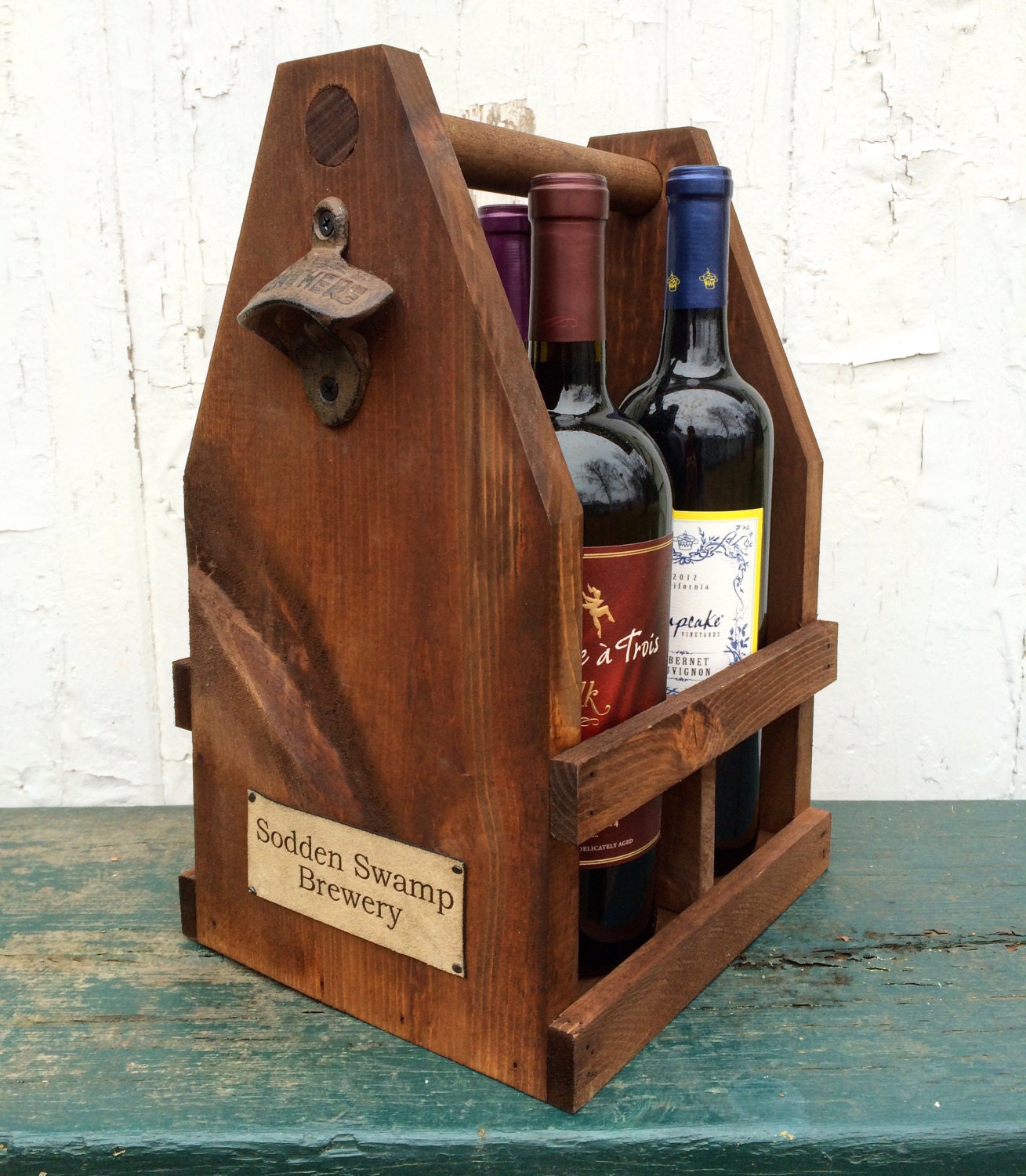 Wood Wine Caddy for 4 Bottles Rustic Custom Wedding Reception