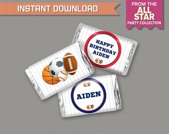 Sports Party Mini Chocolate Wrappers - All Star Birthday - All Star Party - INSTANT DOWNLOAD - Edit and print at home with Adobe Reader