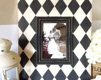Shabby Chic Picture Frame in Black and White Harlequin - Distressed Frame