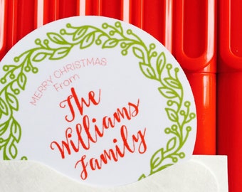 Christmas Gift Sticker | Personalized Christmas Labels | Green Wreath Holiday Gift Tags, Holiday Labels | Custom Christmas Stickers