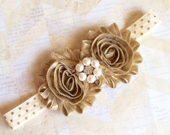 Gold headband,metallic gold headband,baby headband,girls headband,polka dot headband,cream headband,ivory headband,newborn headband