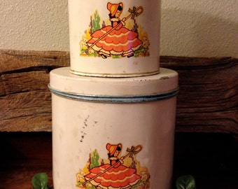 Little Bo Peep Has Lost Her Sheep (and Doesn’t Know Where to Find Them!) – Shabby 2-Piece Vintage 1940s/1950s Nesting Canister Set - Decals